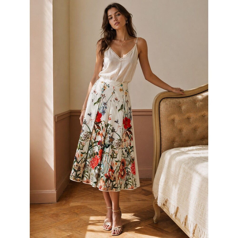 Zara Women’s Floral Midi Skirt White Multicolor Pleated Flare Size S